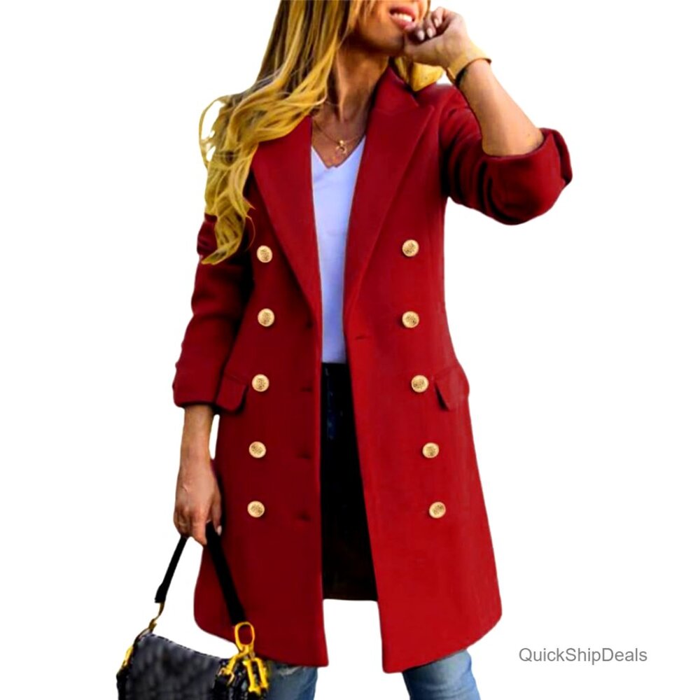 Wool Peacoat Double Breasted Midi Trench Coat Women's Fall Winter Slim Fit